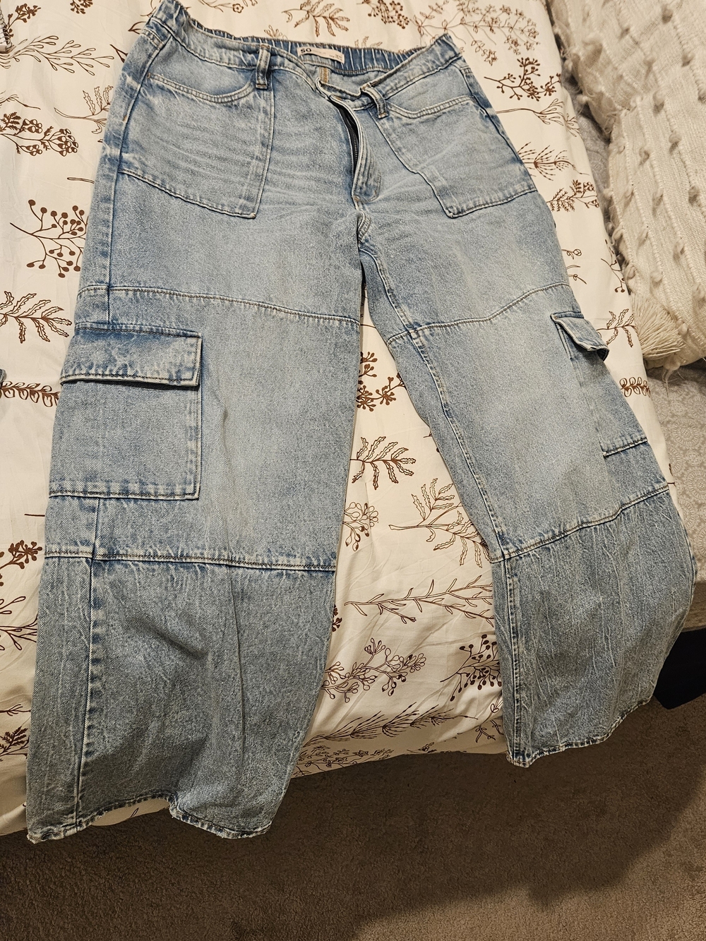 SO Light Blue Denim Jeans with Stitching High Rise Cargo Wide Leg